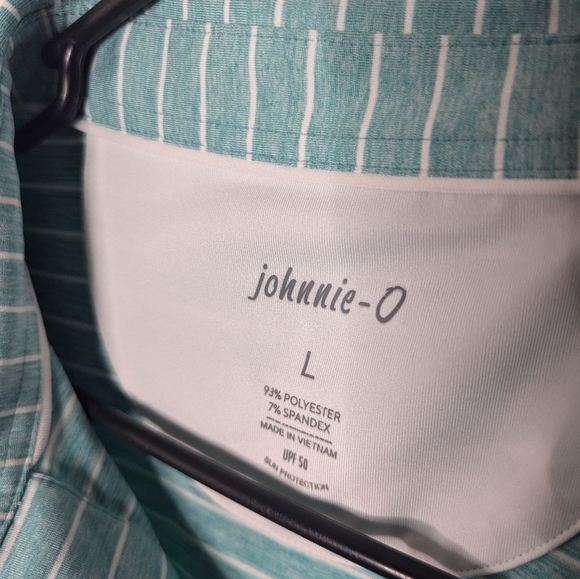 Johnnie O Mens Polo Shirt Short Sleeve Blue UPF 50 Stripe Performance Medium - Picture 3 of 5